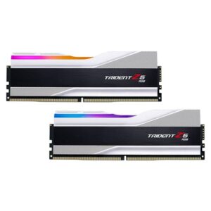 Features expand_less Trident Z5 RGB series DDR5 memory is designed for ultra-high performance on DDR5 platforms. Featuring a sleek and streamlined aluminum heatspreader design, available in metallic silver, matte black, or matte white, the Trident Z5 RGB series DDR5 DRAM memory is the ideal choice to build a high-performance system. Specifications expand_less Memory Timings CL (CAS Latency)	34 tRCD (RAS-to-CAS-Delay)	45 tRP (RAS-Precharge-Time)	45 tRAS (Row-Active-Time)	115 Colour Primary Colour	Silver Secondary Colour	White Lighting Lighting / RGB	Yes Lighting Colour	RGB Memory Memory size (total)	32 GB Memory Type	DDR5 Memory Form Factor	DIMM Number of modules	2 Memory Speed	7200 MHz Memory Latency	CL 34-45-45-115 Memory Voltage	1.4 V Memory module height	44 mm Performance Profile	Intel XMP 3.0
